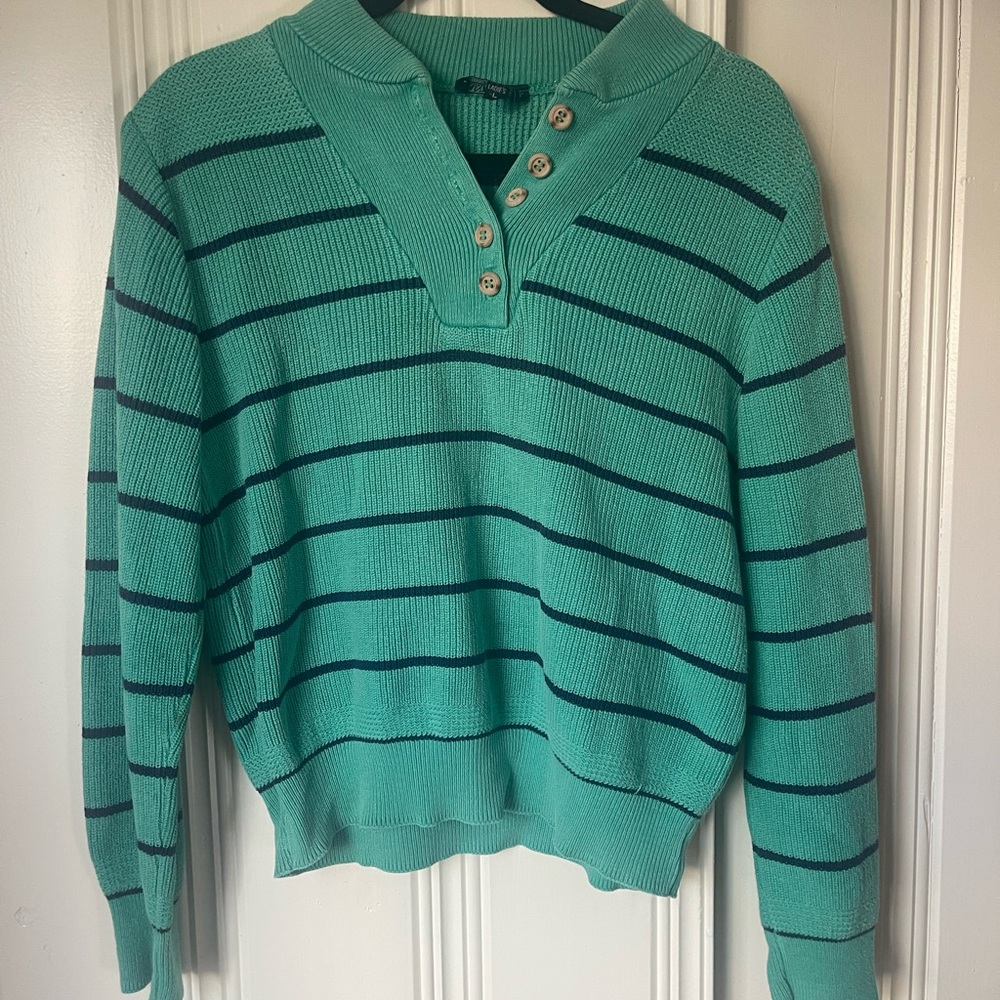 Lands' End Teal and Navy Striped V-Neck Sweater